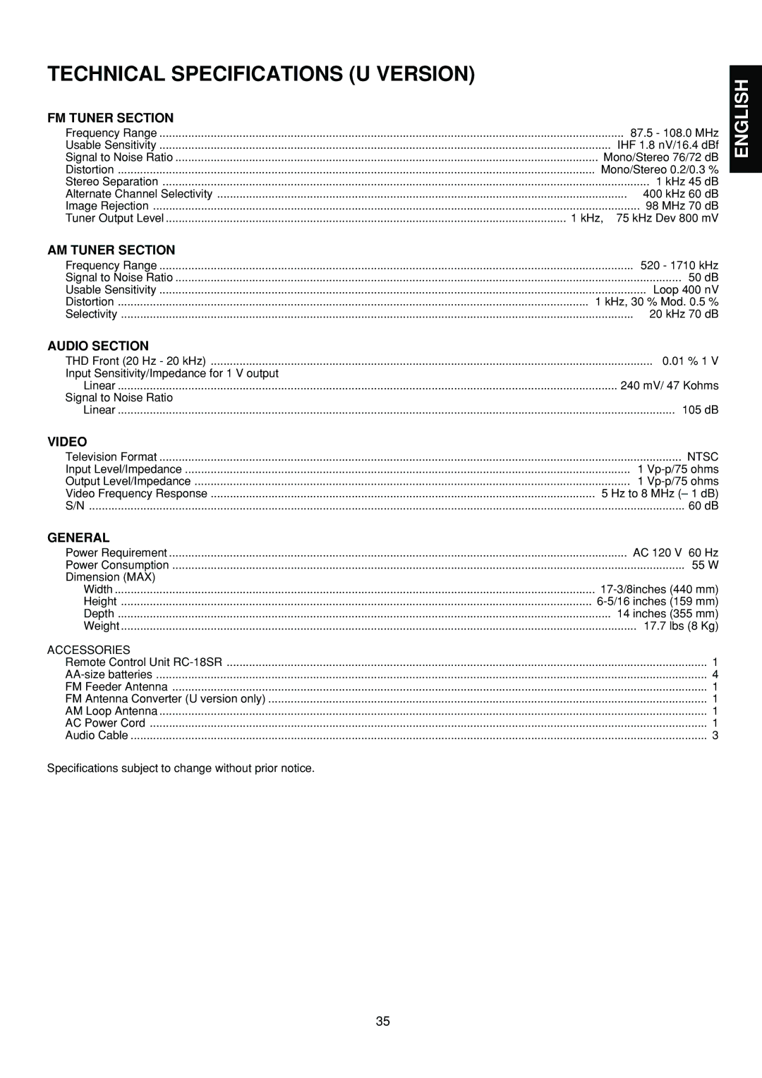 Marantz AV9000 manual Technical Specifications U Version, FM Tuner Section, AM Tuner Section, Audio Section, General 