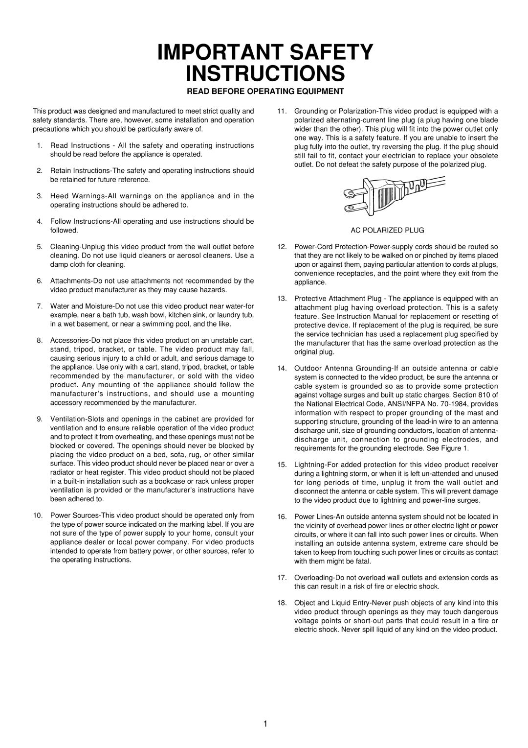 Marantz AV9000 manual Important Safety Instructions, Read Before Operating Equipment 