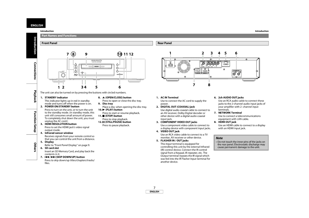 Marantz BD5004, 541110331126M manual Introduction Part Names and Functions, Front Panel, Rear Panel 