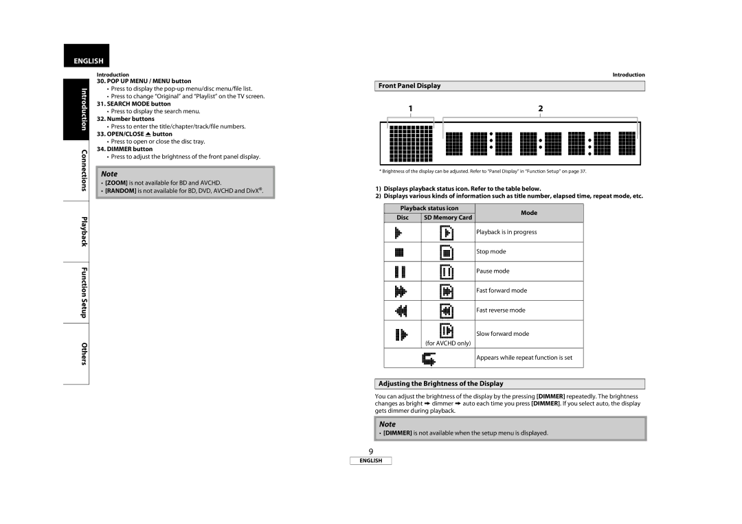 Marantz BD5004, 541110331126M manual Front Panel Display, Adjusting the Brightness of the Display 