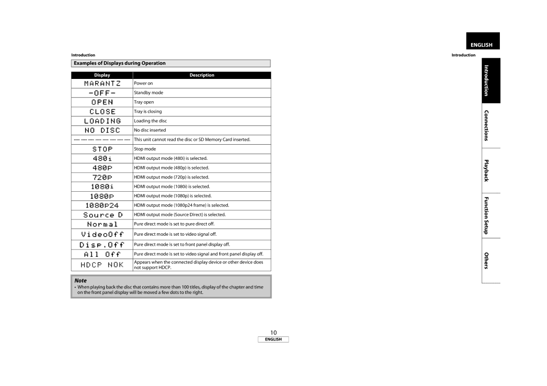 Marantz 541110331126M, BD5004 manual Examples of Displays during Operation, Display Description 