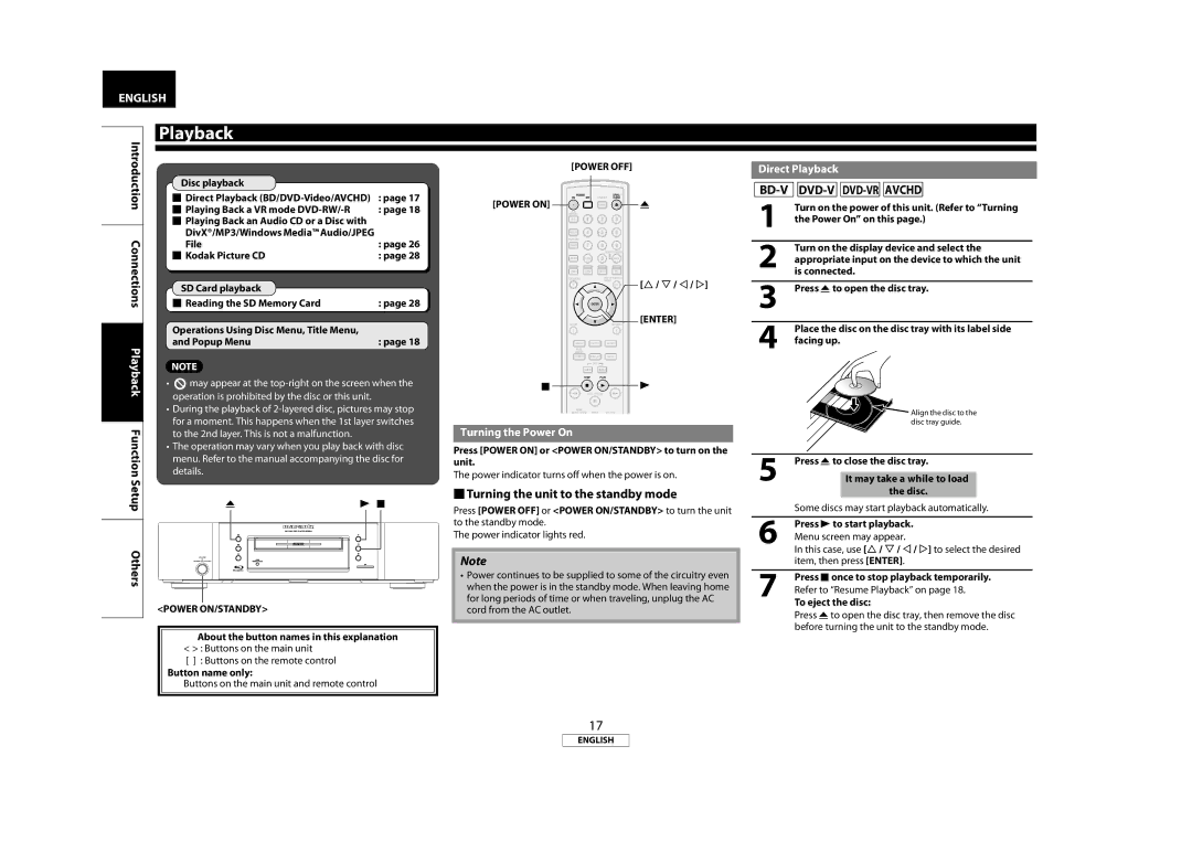 Marantz BD5004  Turning the unit to the standby mode, BD-V DVD-V DVD-VR Avchd, Turning the Power On, Direct Playback 