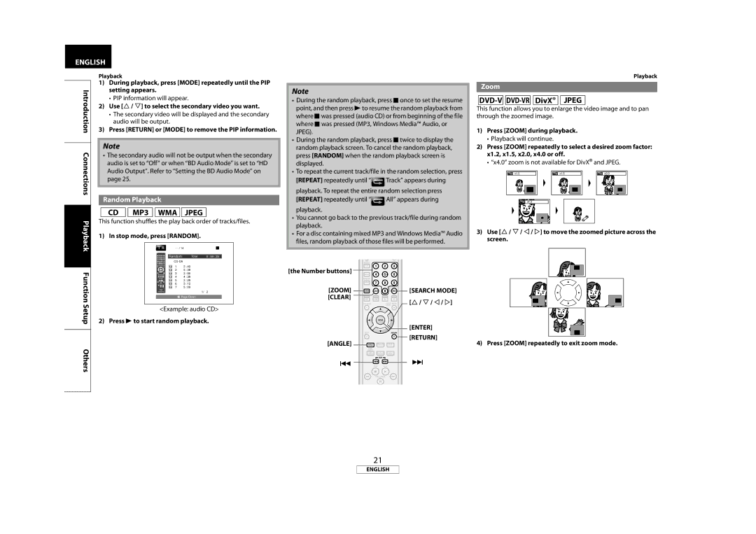 Marantz BD5004, 541110331126M manual DVD-V DVD-VR DivX Jpeg, Random Playback, Zoom, Clear, Enter Return 