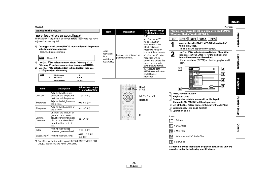 Marantz 541110331126M Adjusting the Picture, Windows Media Audio/JPEG File, Description Adjustment range Default setting 