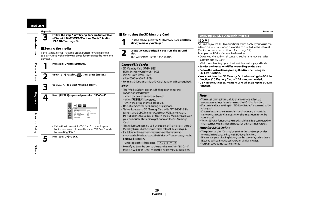 Marantz BD5004 manual Setting the media,  Removing the SD Memory Card, Connections, Enjoying BD-Live Discs with Internet 