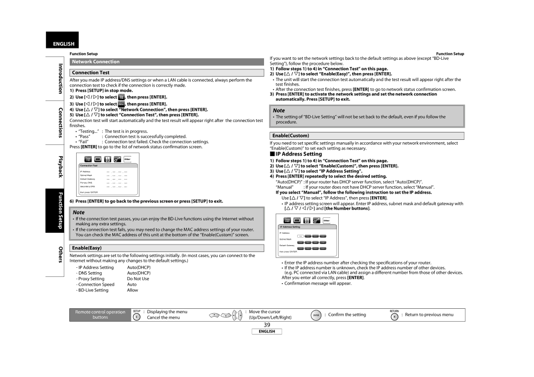 Marantz BD5004, 541110331126M manual  IP Address Setting, Network Connection, Connection Test, EnableEasy, EnableCustom 