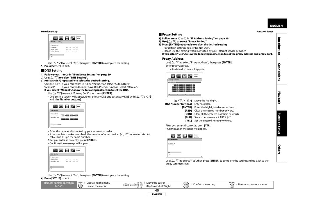 Marantz 541110331126M, BD5004 manual  DNS Setting,  Proxy Setting, Number buttons Enter number 