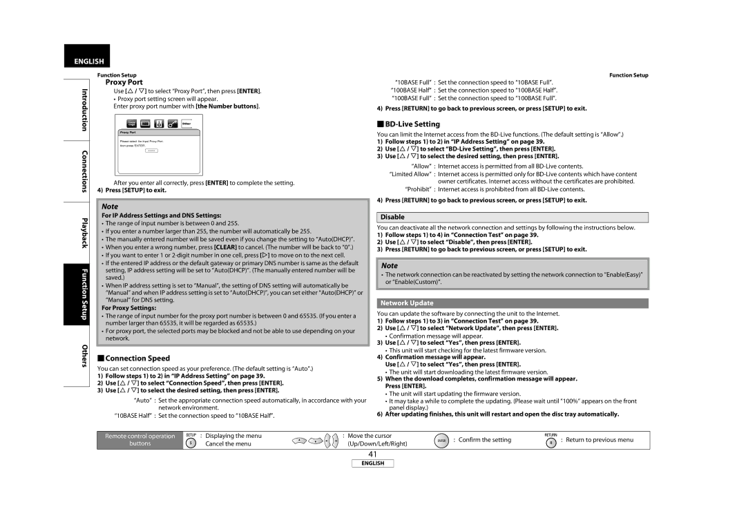 Marantz BD5004, 541110331126M manual Proxy Port, Connection Speed,  BD-Live Setting, Disable, Network Update 