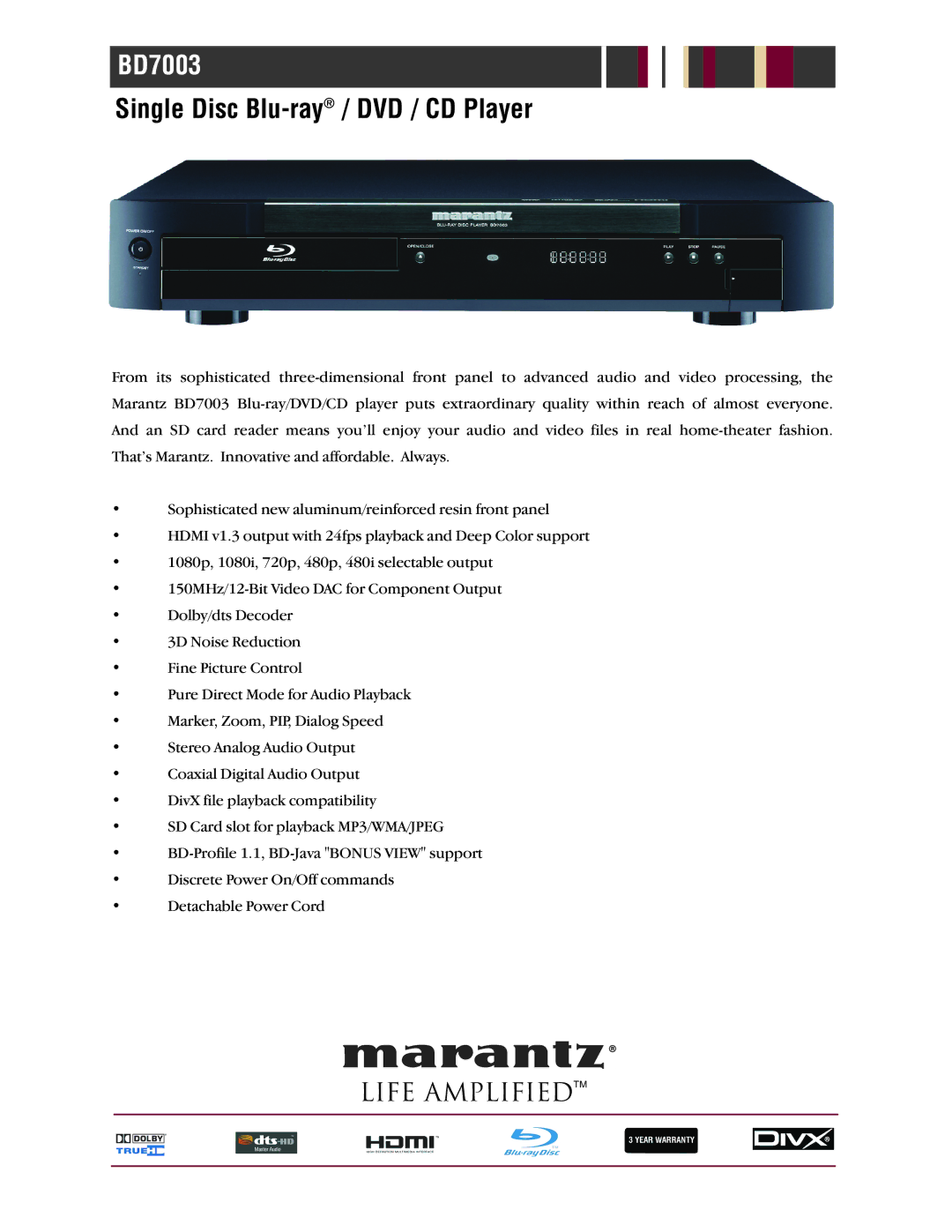 Marantz BD7003 manual Single Disc Blu-ray / DVD / CD Player 