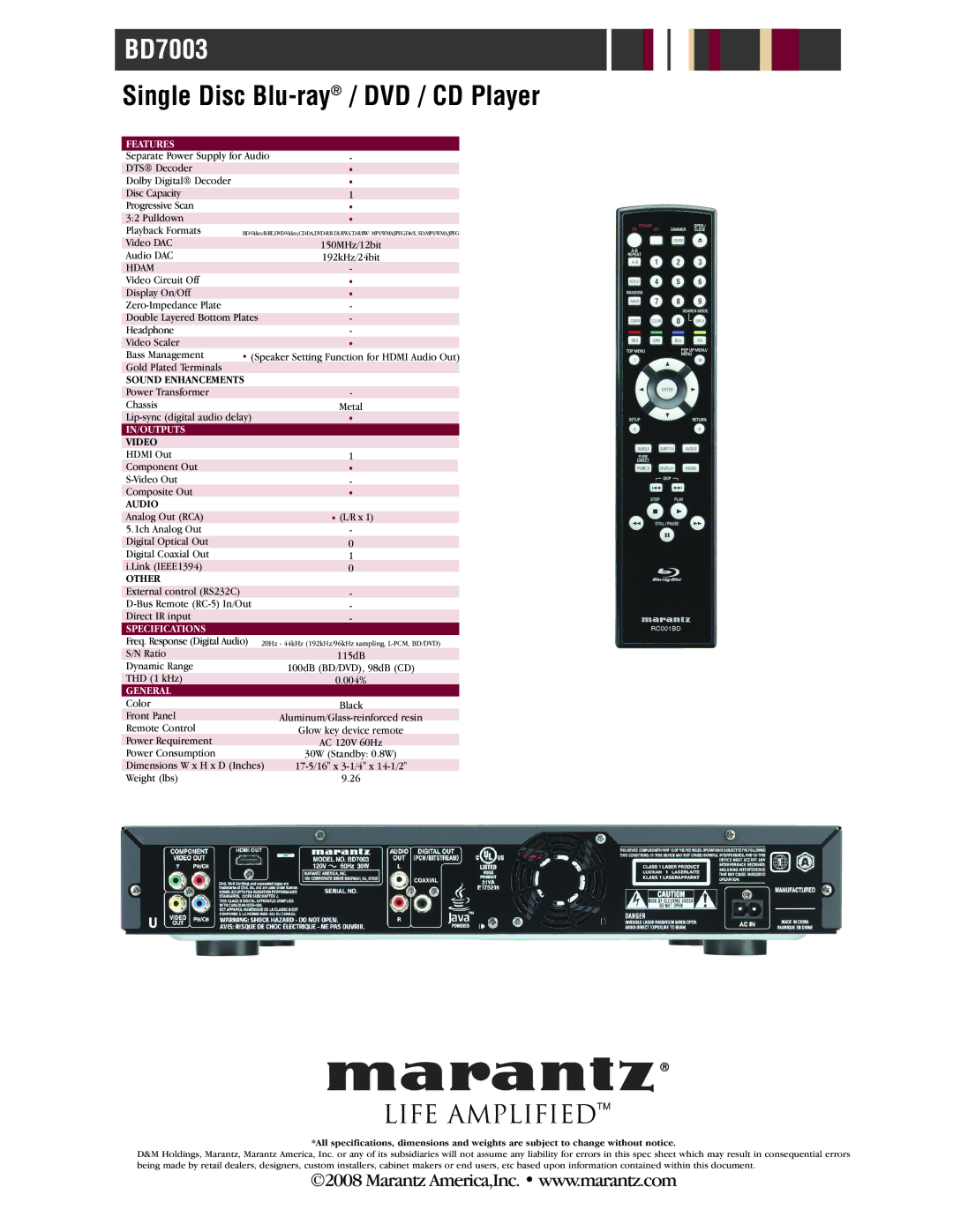 Marantz BD7003 manual Features, Hdam, In/Outputs, Specifications, General 