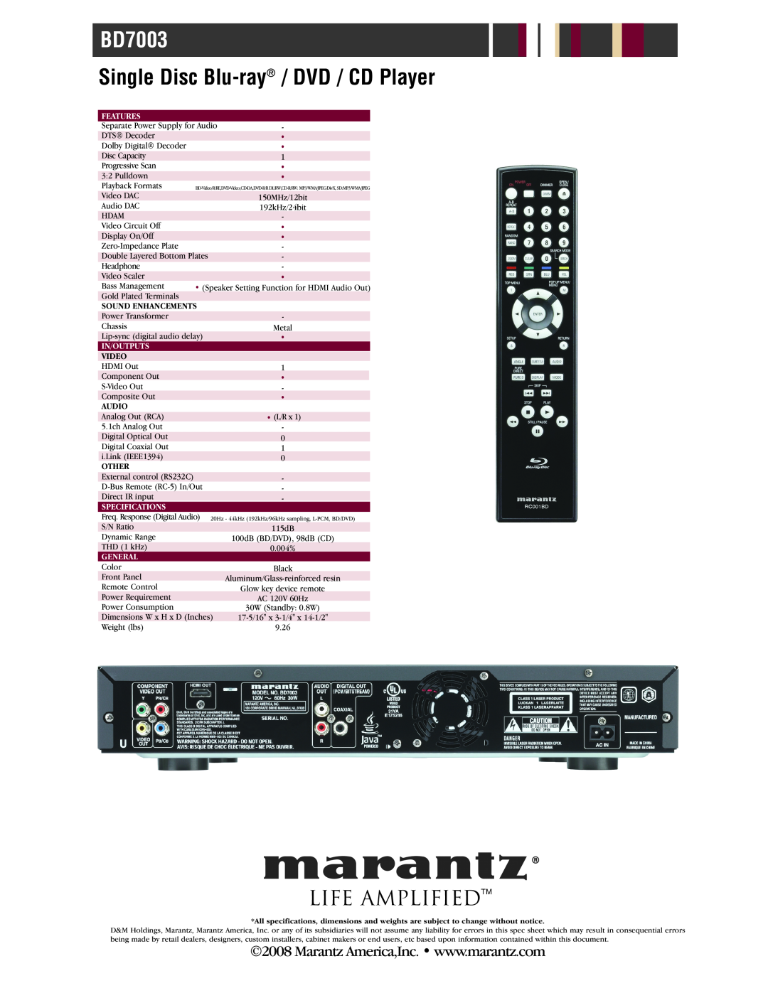 Marantz BD7003 Single Disc Blu-ray / DVD / CD Player, Life Amplifiedtm, Features, Sound Enhancements, In/Outputs, Video 