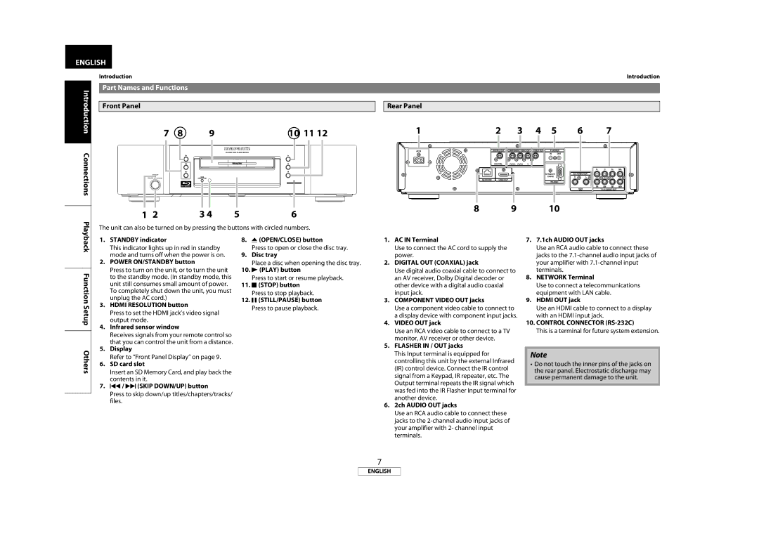 Marantz BD7004 Introduction Connections Playback, Function Setup Others, Part Names and Functions, Front Panel, Rear Panel 