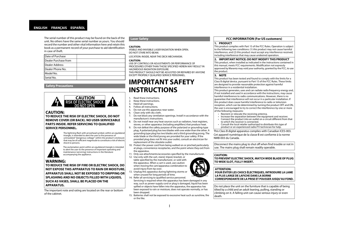 Marantz BD7004 manual Safety Precautions, Laser Safety, FCC Information For US customers, Product 