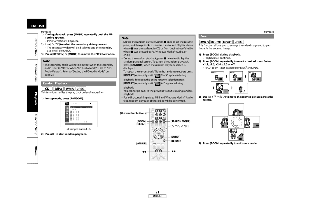 Marantz BD7004 manual DVD-V DVD-VR DivX Jpeg, Random Playback, Zoom, Clear, Enter Return 