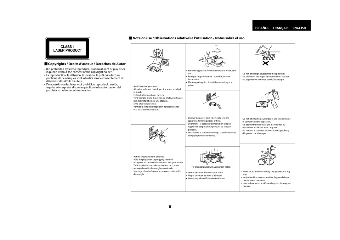 Marantz BD7004 manual Class Laser Product,  Copyrights / Droits d’auteur / Derechos de Autor 