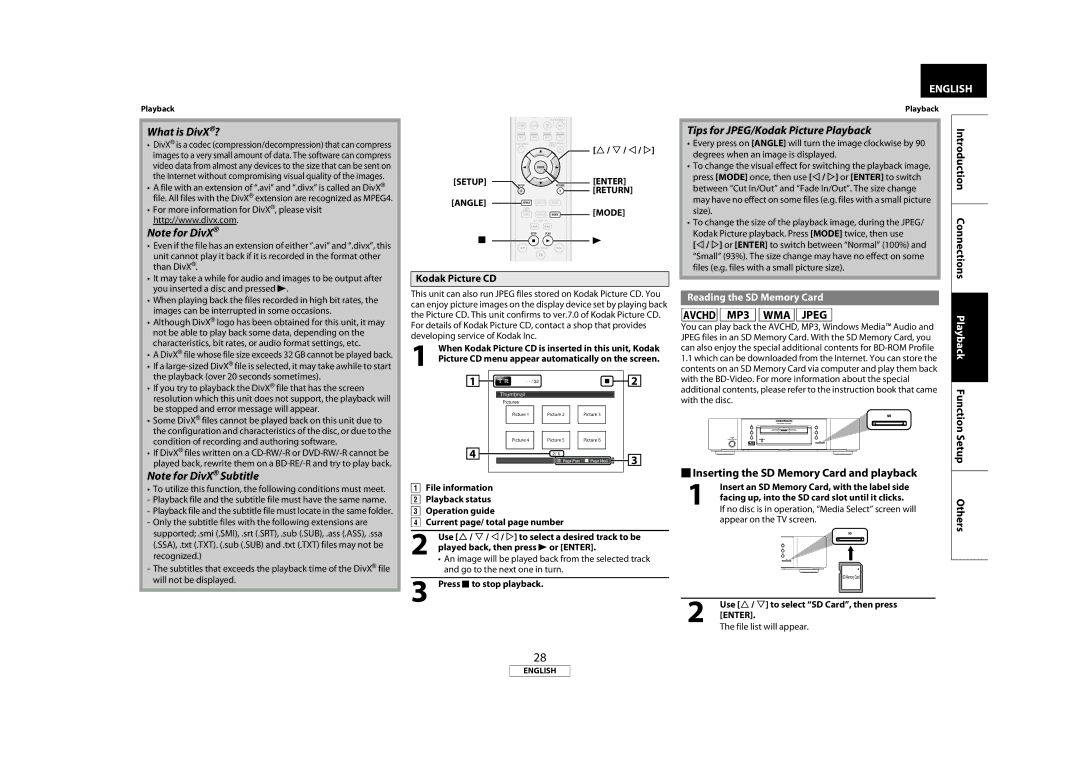 Marantz BD7004 manual Inserting the SD Memory Card and playback, Kodak Picture CD, Reading the SD Memory Card, Mode 