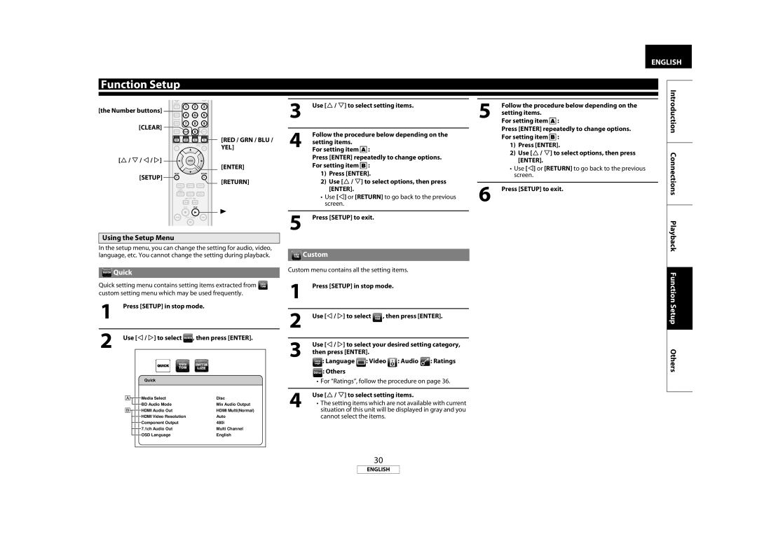 Marantz BD7004 manual Introduction, Connections Using the Setup Menu, Quick, Custom, Clear RED / GRN / BLU / YEL 