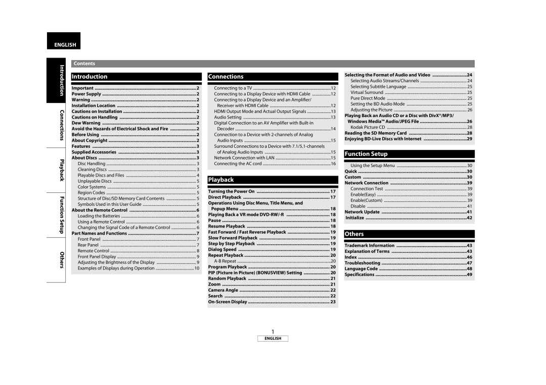 Marantz BD7004 manual Contents 