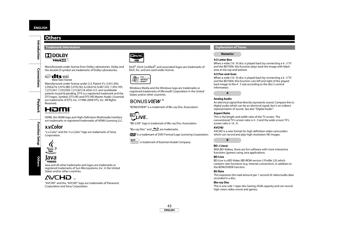 Marantz BD7004 manual Trademark Information, Explanation of Terms 