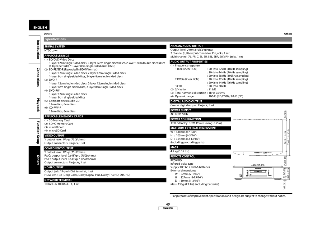 Marantz BD7004 manual Introduction, Specifications, Setup, Others, RC004BD 