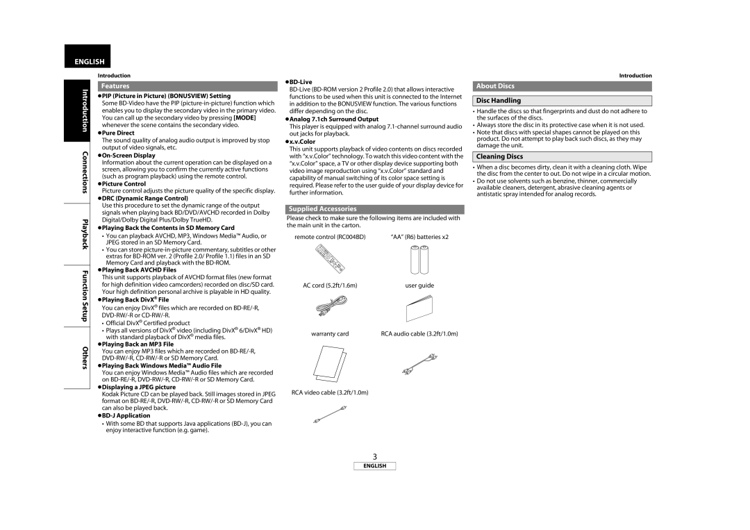 Marantz BD7004 manual Features, Supplied Accessories, About Discs, Disc Handling, Cleaning Discs 