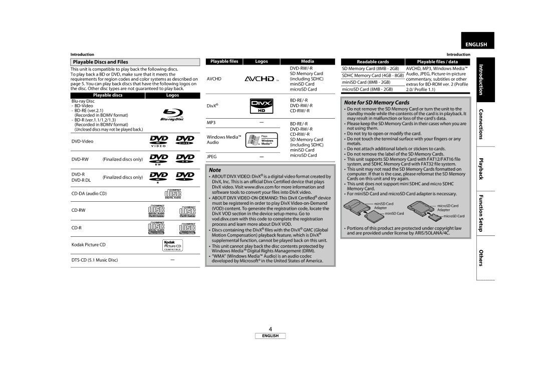 Marantz BD7004 manual Others, Playable Discs and Files 