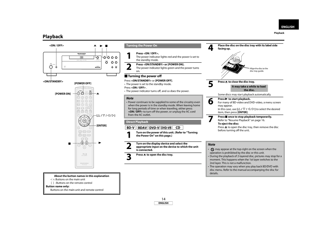 Marantz BD8002 manual  Turning the power off, BD-V Bdav DVD-V DVD-VR CD, Turning the Power On, Direct Playback 