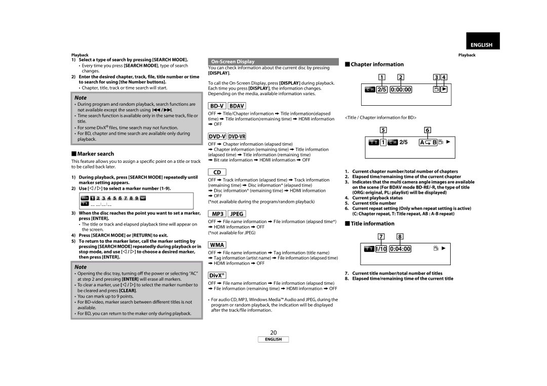 Marantz BD8002 manual  Marker search, Dvd-V Dvd-Vr, MP3 Jpeg,  Chapter information,  Title information 