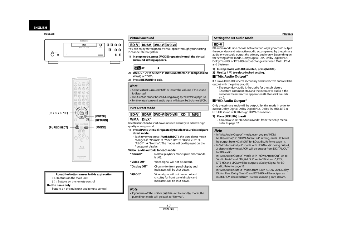 Marantz BD8002 manual Bd-V,  Mix Audio Output,  HD Audio Output 