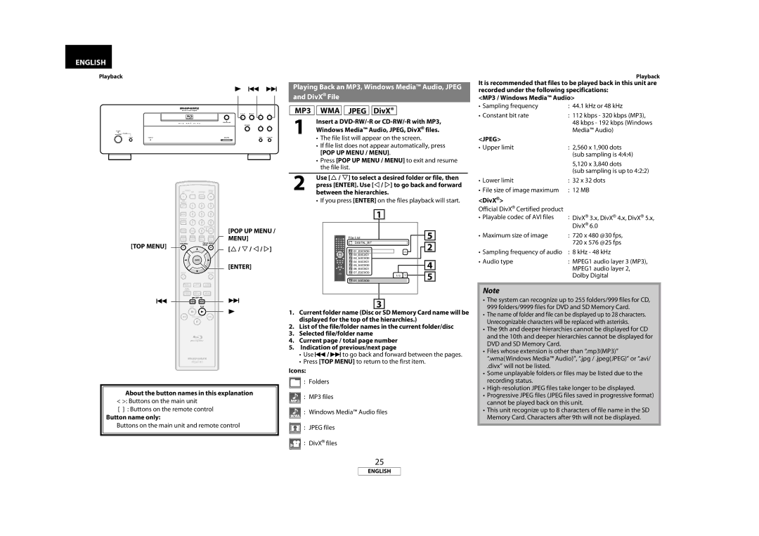 Marantz BD8002 manual MP3 WMA Jpeg DivX, Icons 