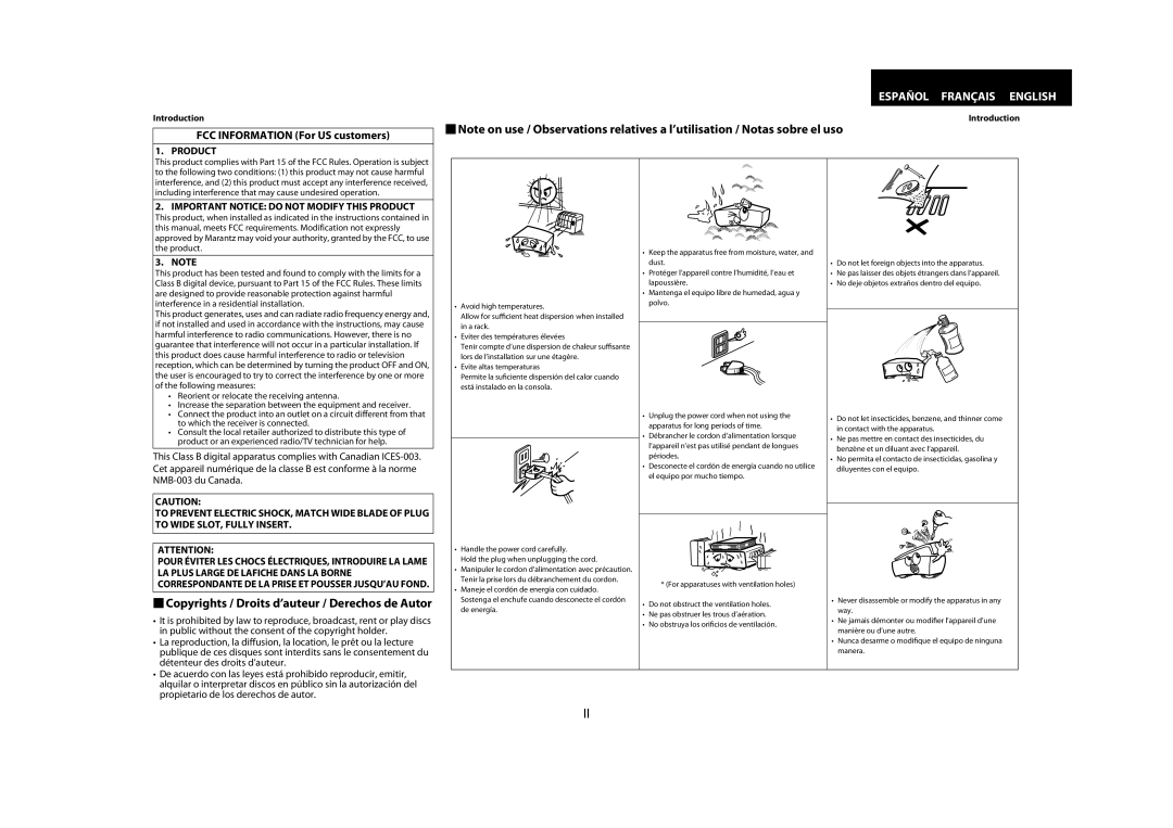 Marantz BD8002 manual FCC Information For US customers, Important Notice do not Modify this Product 