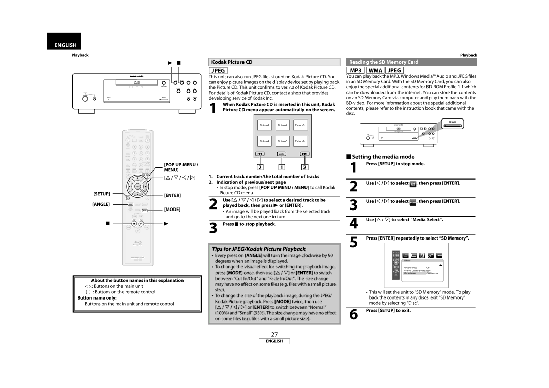 Marantz BD8002 manual MP3 WMA Jpeg,  Setting the media mode, Kodak Picture CD, Reading the SD Memory Card 