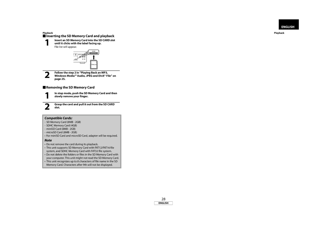 Marantz BD8002 manual  Inserting the SD Memory Card and playback,  Removing the SD Memory Card, File list will appear 