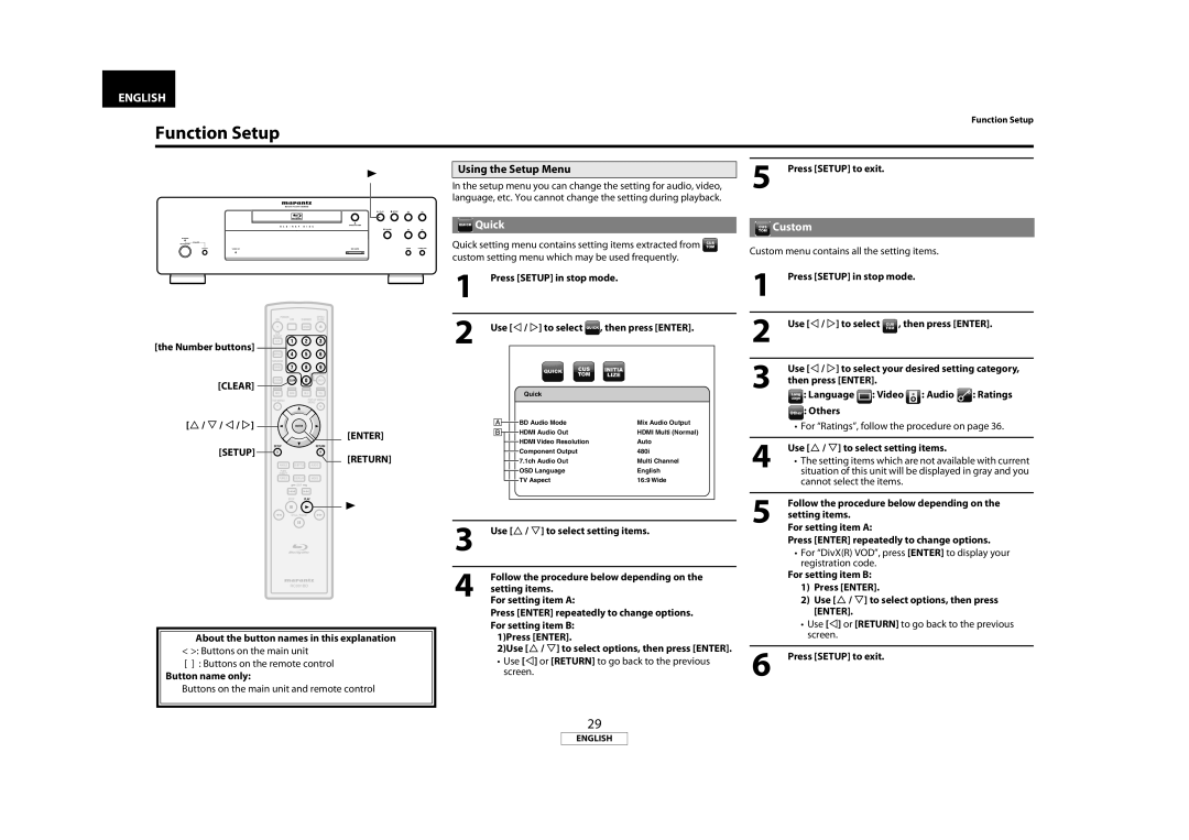 Marantz BD8002 manual Using the Setup Menu, Quick, Custom, Use U / V to select setting items 