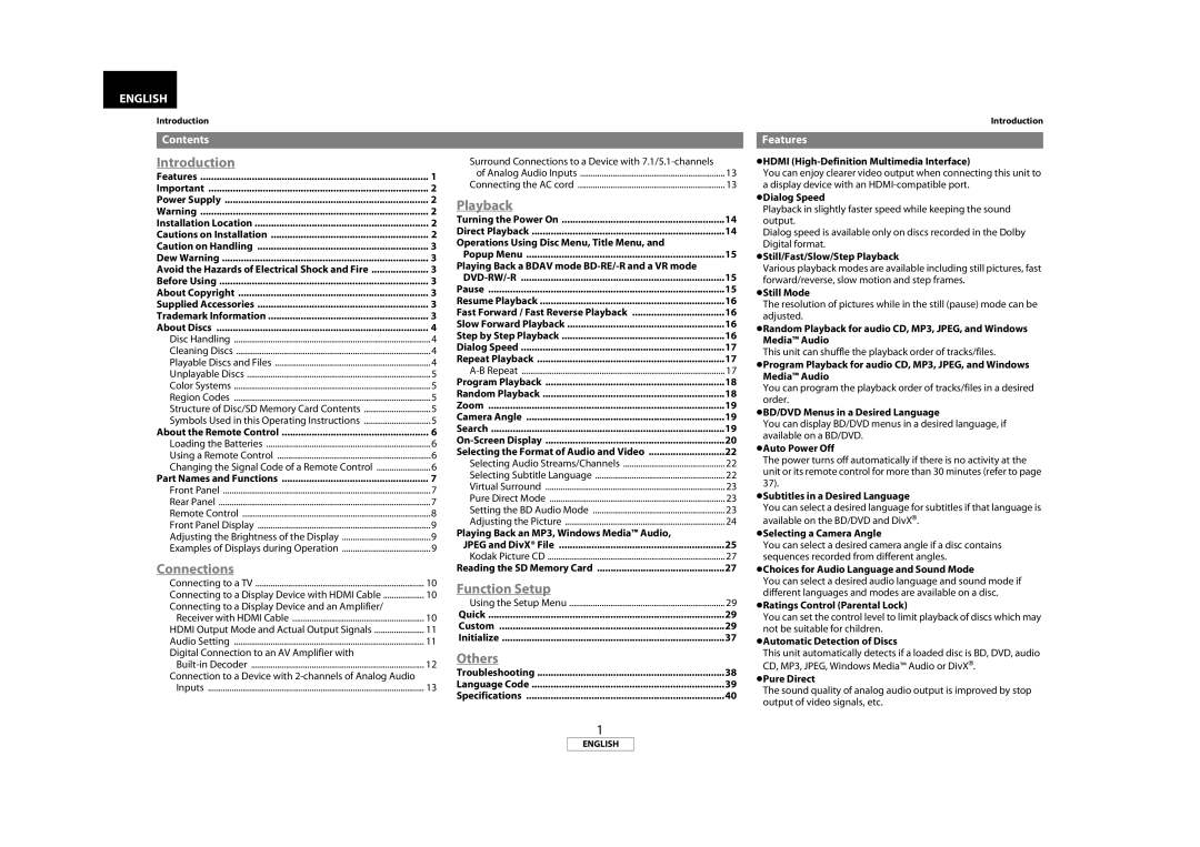 Marantz BD8002 manual Contents, Features, Dvd-Rw/-R 