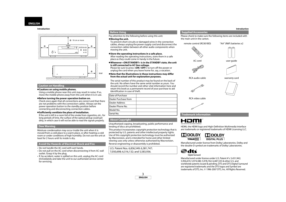 Marantz BD8002 manual Dew Warning, Avoid the Hazards of Electrical Shock and Fire, Before Using, About Copyright 