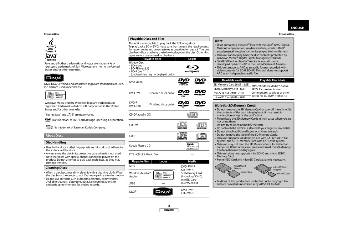 Marantz BD8002 manual Playable Discs and Files, About Discs, Disc Handling, Cleaning Discs 