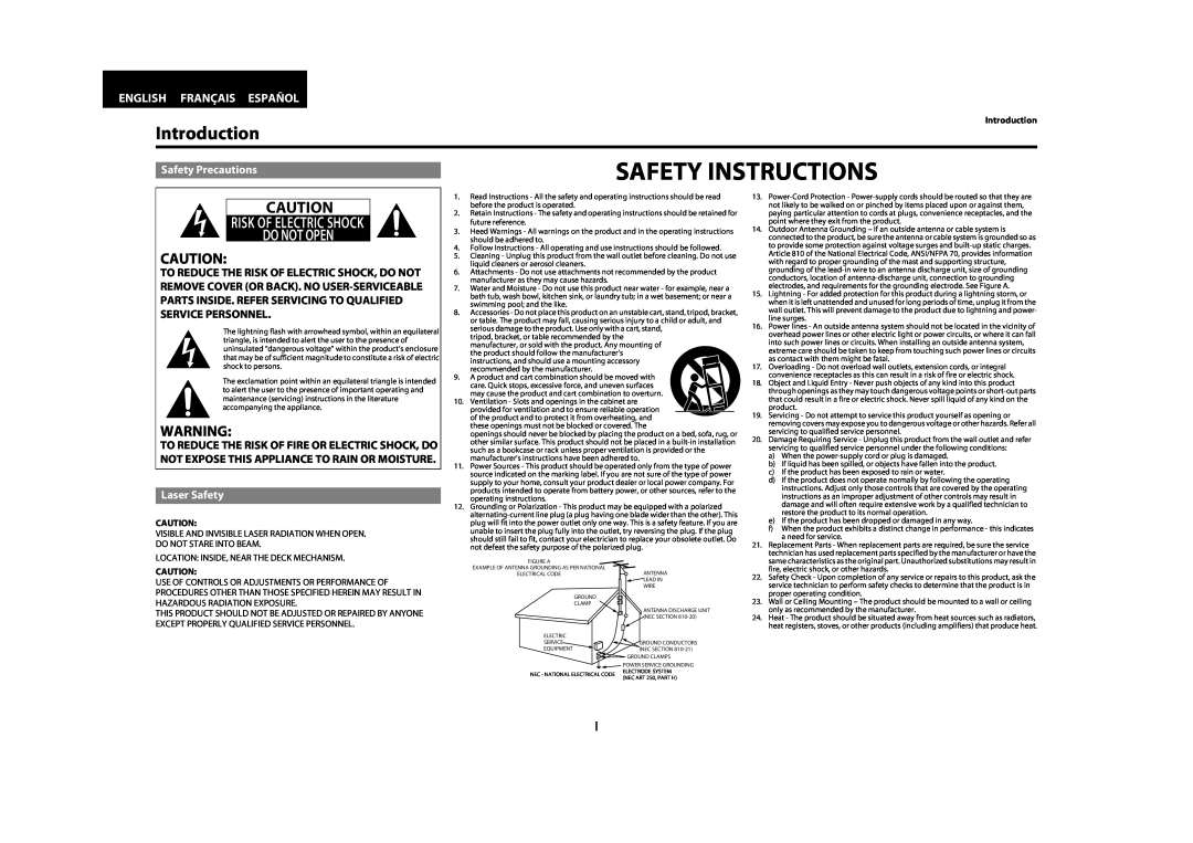 Marantz BD8002 manual Introduction, English Français Español, Safety Precautions, Laser Safety, Safety Instructions 