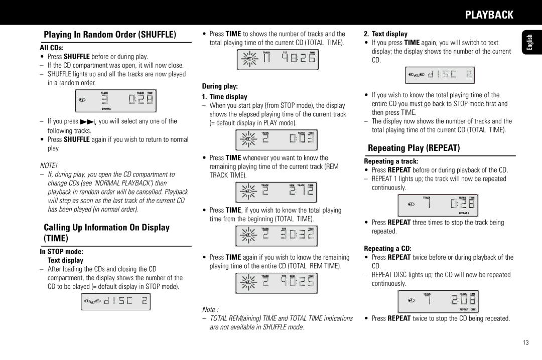 Marantz CC4000, CC3000 manual Playing In Random Order Shuffle, Calling Up Information On Display Time, Repeating Play Repeat 