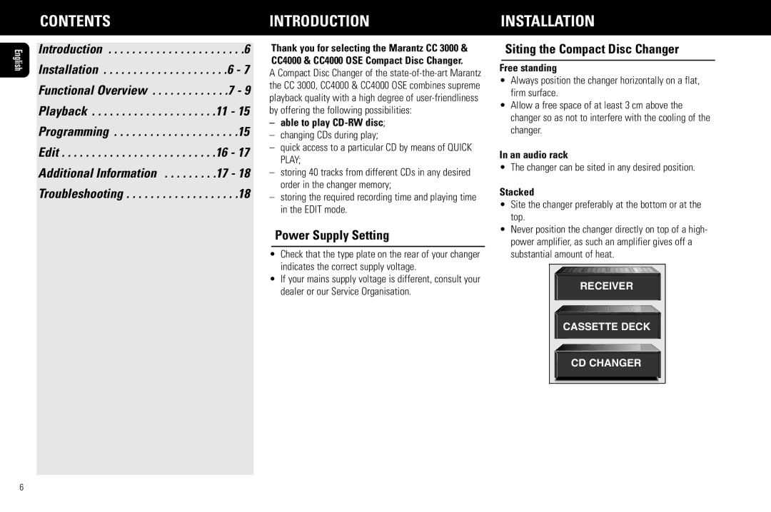 Marantz CC3000, CC4000 manual Contents Introductioninstallation 