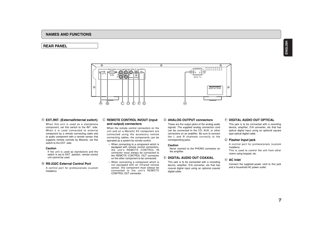 Marantz CC4001 manual Names and Functions Rear Panel 