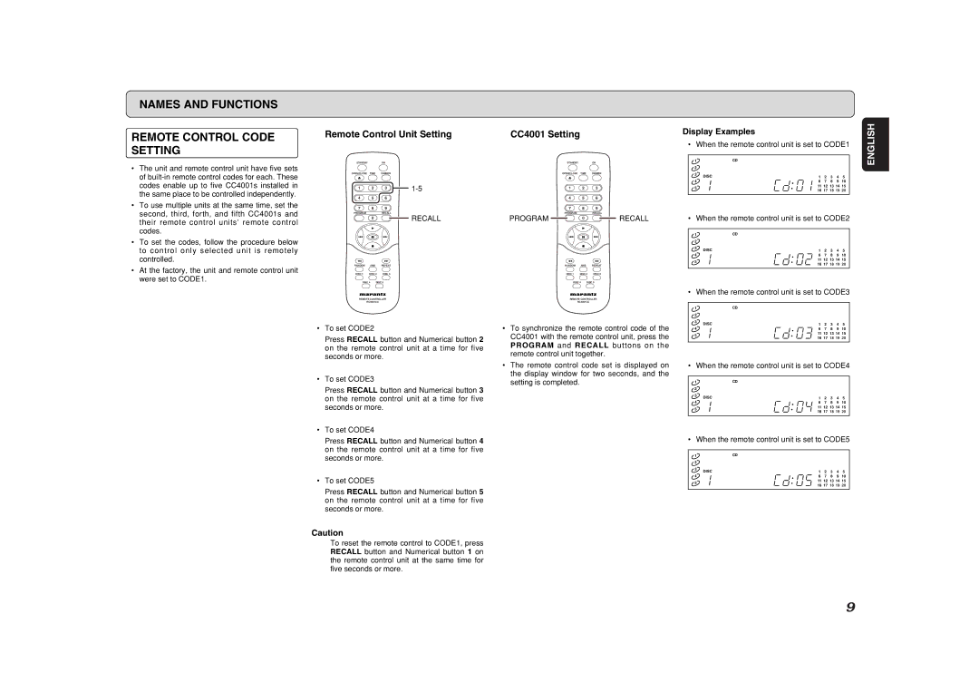 Marantz Names and Functions Remote Control Code Setting, Remote Control Unit Setting, CC4001 Setting, Program Recall 