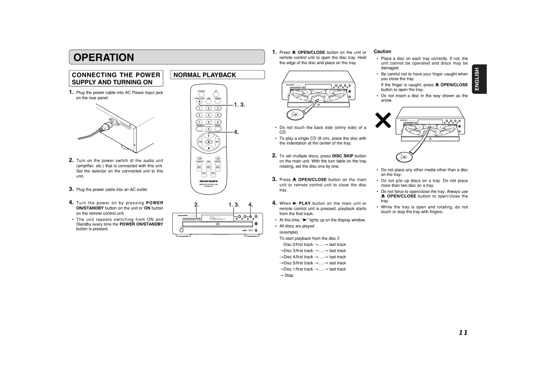 Marantz CC4001 manual Operation, Connecting the Power Supply and Turning on, Normal Playback 