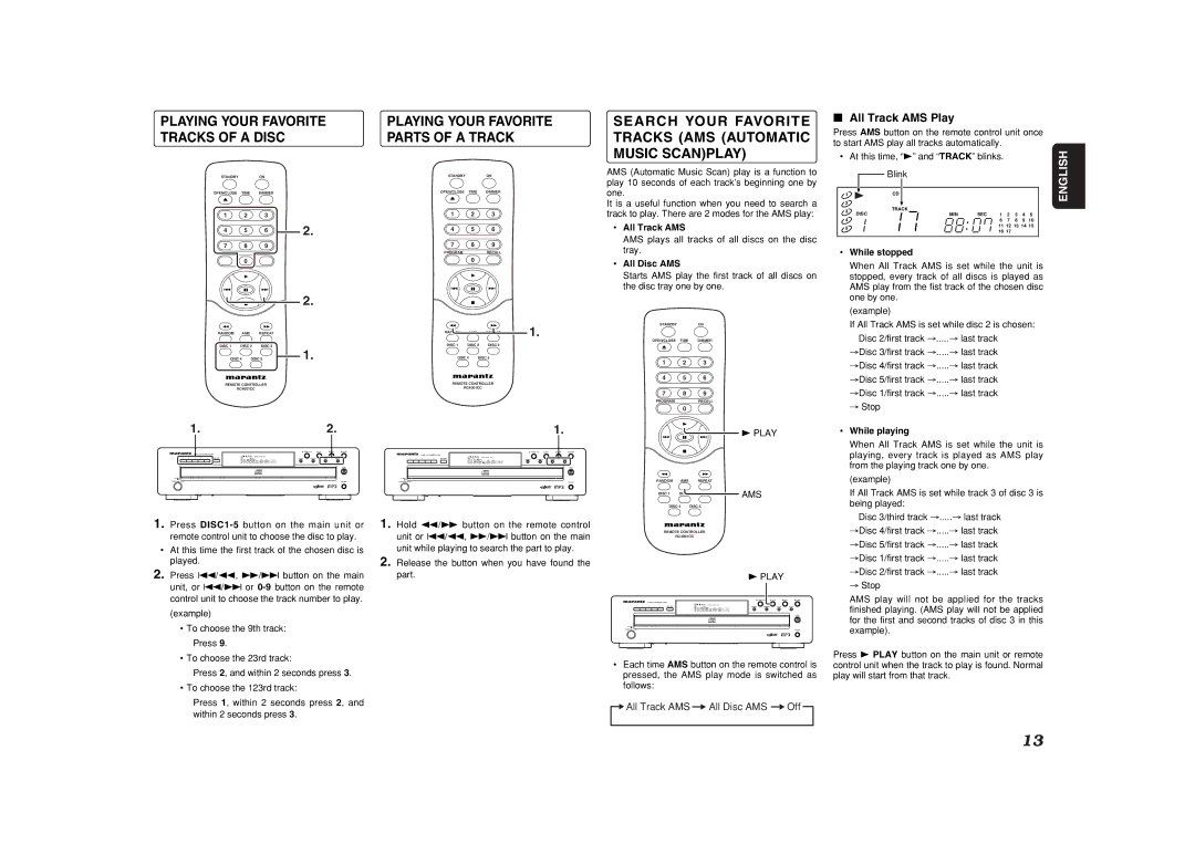 Marantz CC4001 manual Search Your Favorite Tracks AMS Automatic Music Scanplay, Playing Your Favorite Tracks of a Disc 