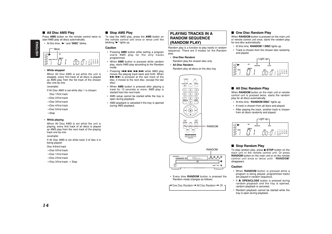 Marantz CC4001 manual Playing Tracks in a Random Sequence Random Play 