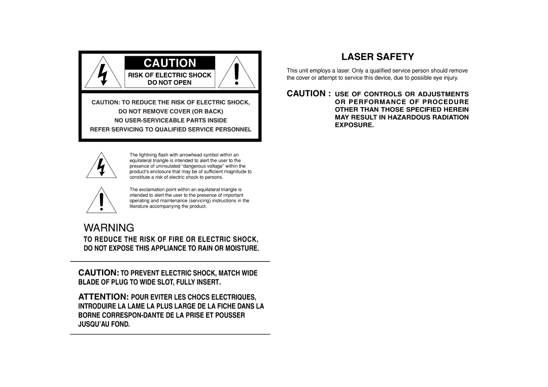 Marantz CC4001 manual Laser Safety, Risk of Electric Shock Do not Open 