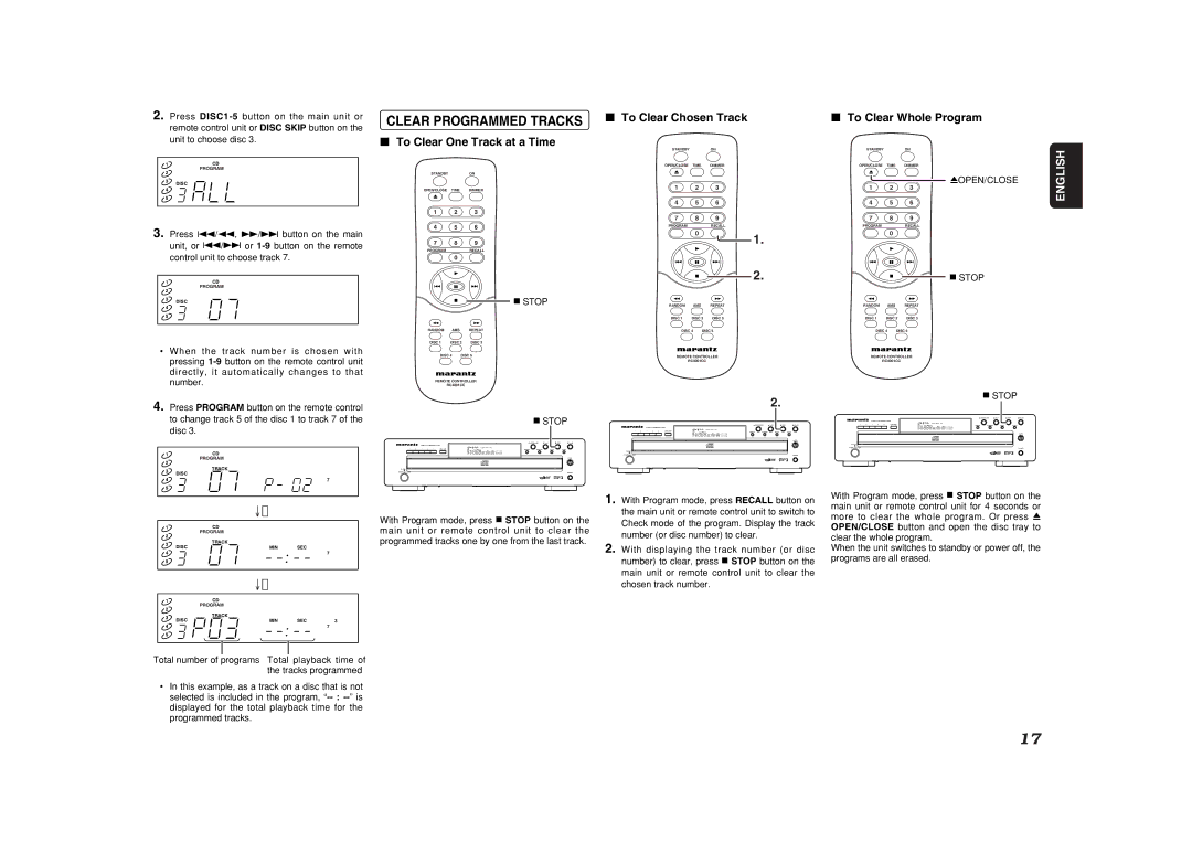 Marantz CC4001 manual Clear Programmed Tracks, To Clear One Track at a Time, To Clear Chosen Track, To Clear Whole Program 