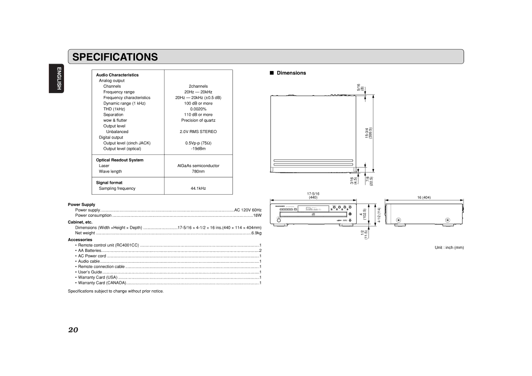 Marantz CC4001 manual Specifications, Dimensions 