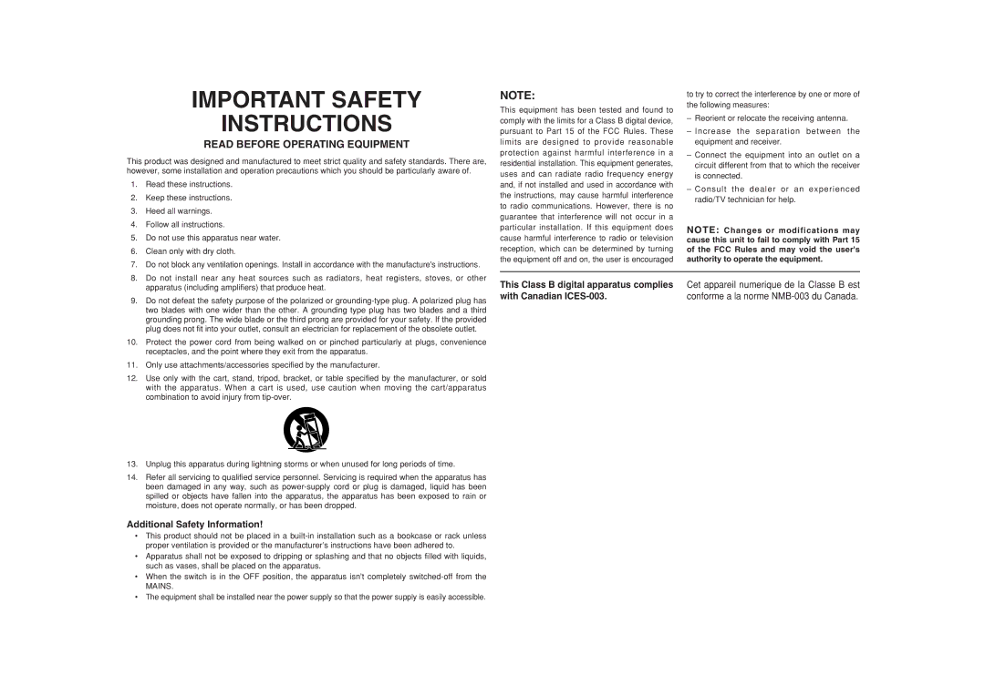 Marantz CC4001 Read Before Operating Equipment, Additional Safety Information, This Class B digital apparatus complies 