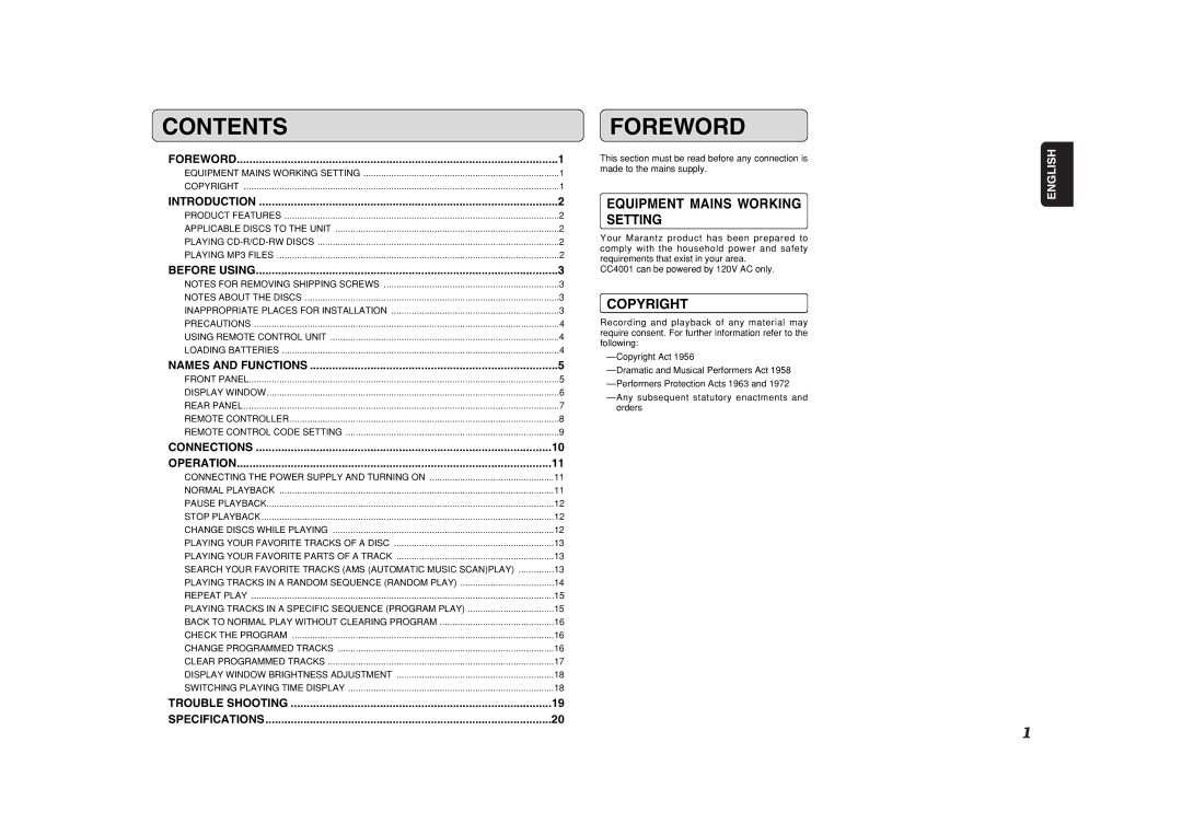 Marantz CC4001 manual Contents, Foreword 